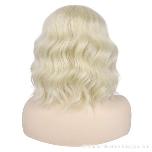 wholesale cheap bob blone color water wave wigs with bangs synthetic hair wig for women